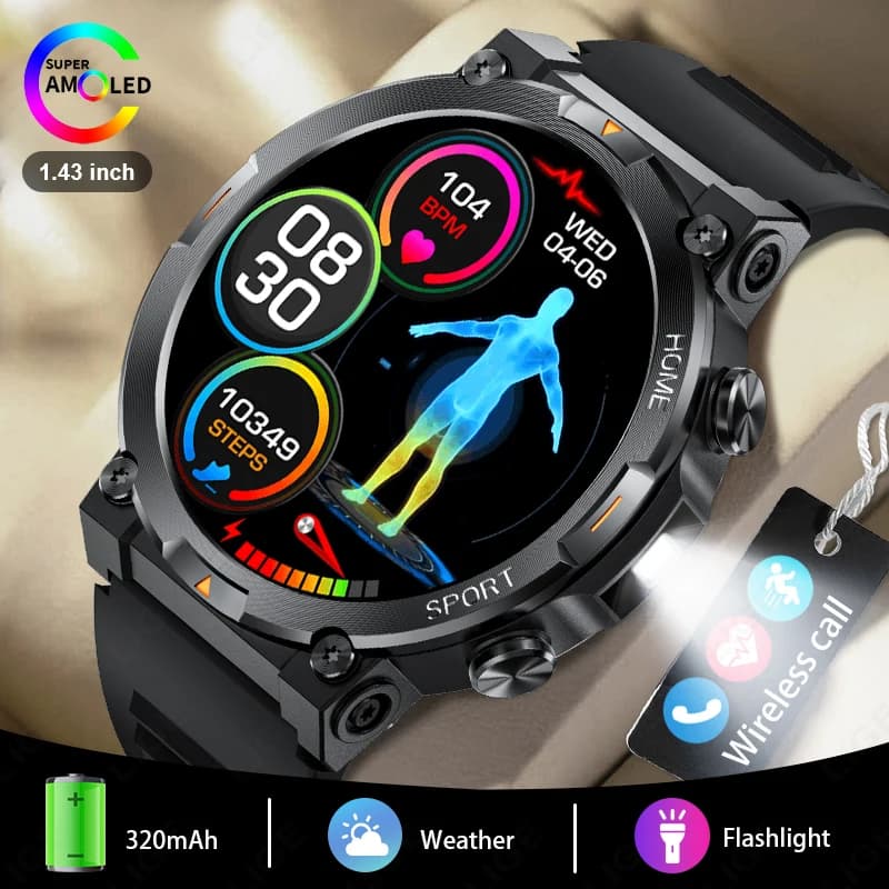 New Sporty Smartwatch for Men with Flashlight, 320mAh Battery, Bluetooth Calls, Waterproof and Resistant