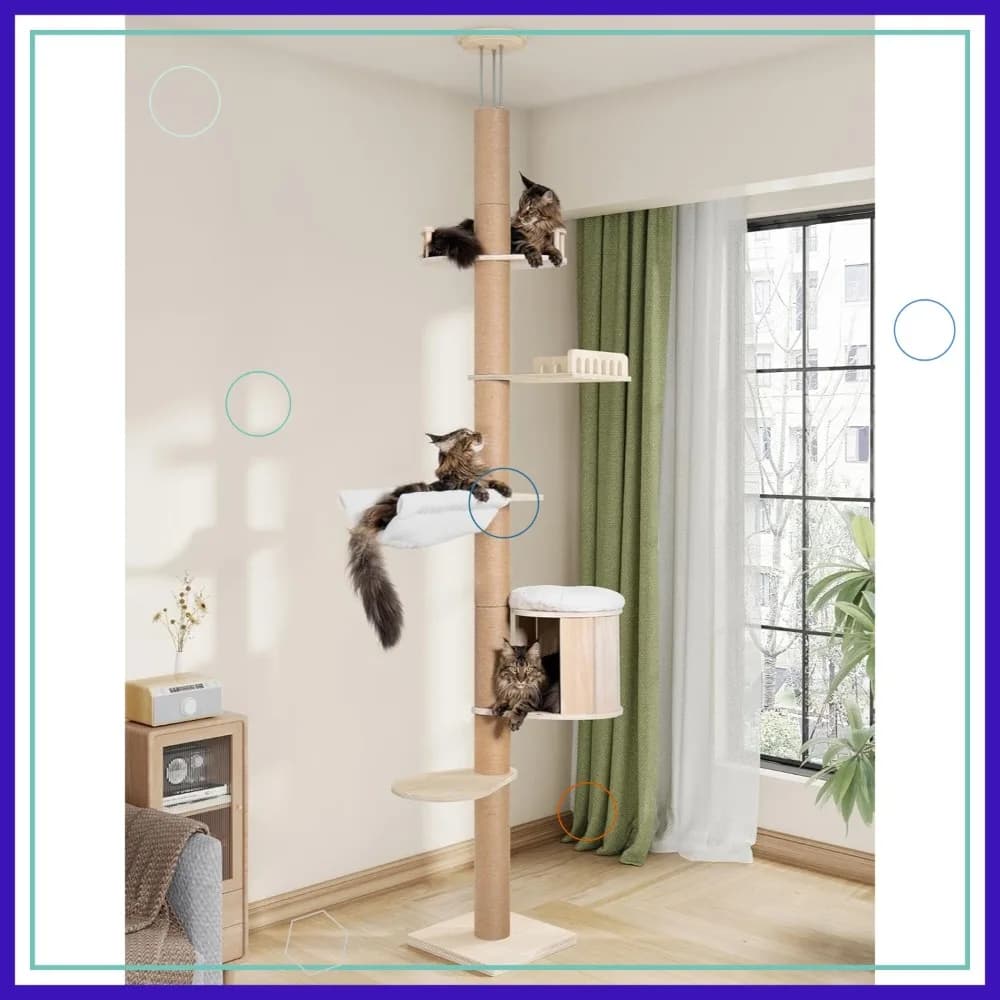 Albero per Gatti da Pavimento a Soffitto per Gatti Grandi, Torre Alta con Tiragraffi, Altezza Regolabile 82-122 pollici, Cuccia Amaca, Legno
