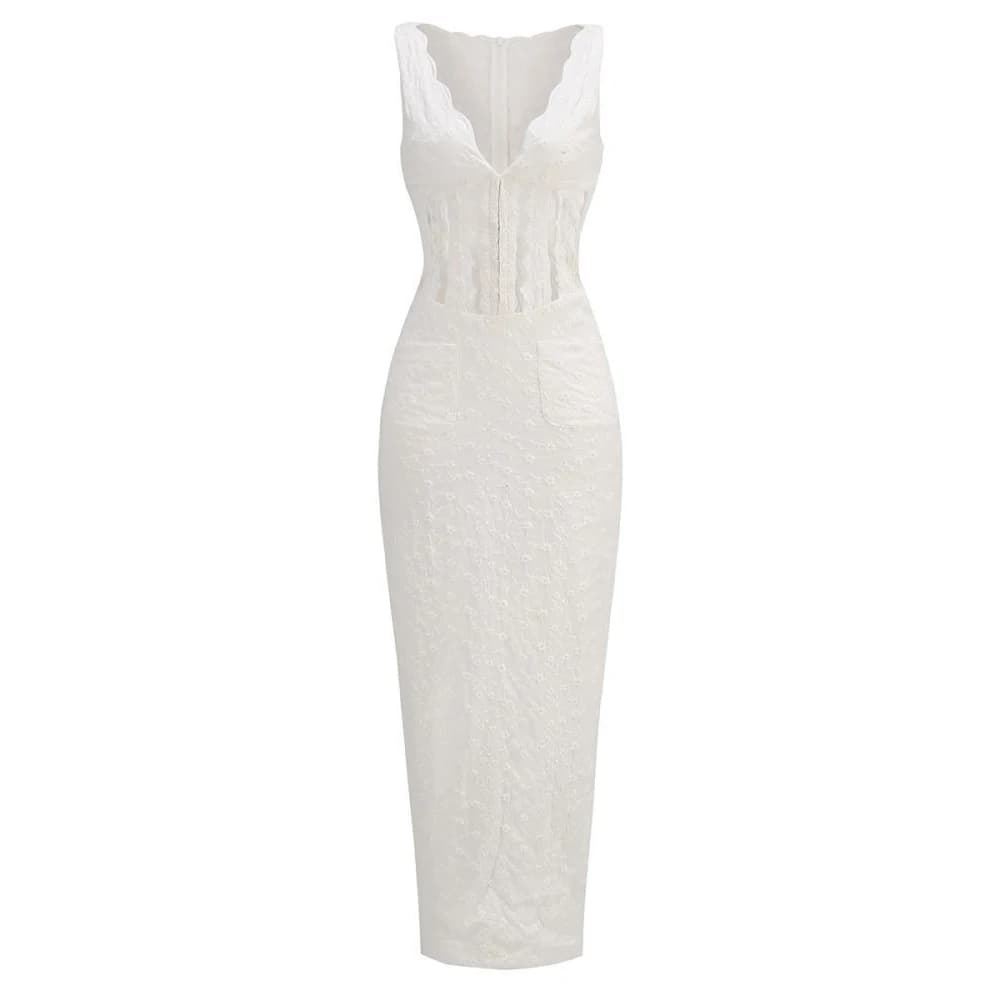 Lace V-neck High Waist Backless Bodycon Sexy Halter Maxi Dress White Autumn Sleeveless Elegant Dress Women Wedding Guest Dress
