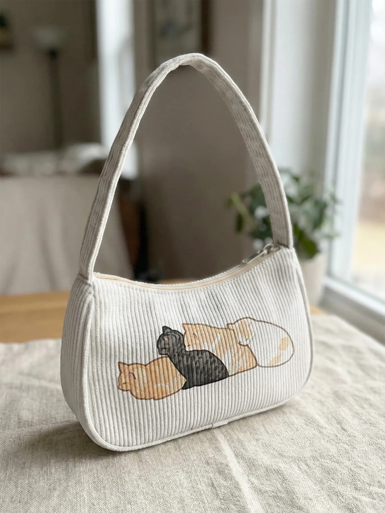 Borsa a Tracolla Trendy con Stampa di Gatti Dormienti, Borsa Sottobraccia in Velluto a Coste Beige per Uso Quotidiano Casual