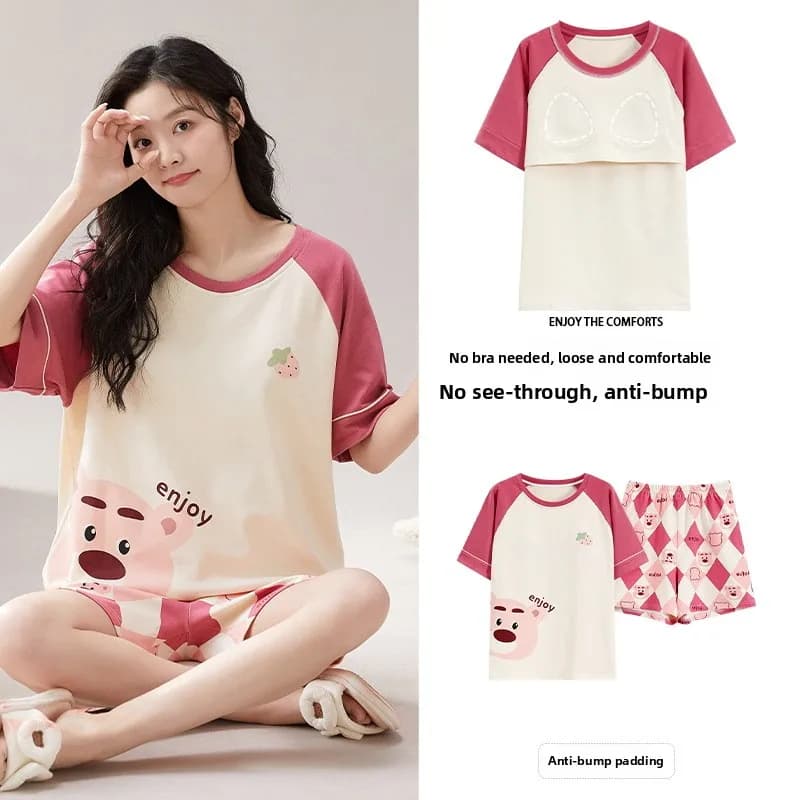 Pigiama estivo da donna in cotone, set di pantaloncini a maniche corte, casual e comodo, con imbottitura sul petto, abbigliamento per la casa, indossabile anche all'esterno.