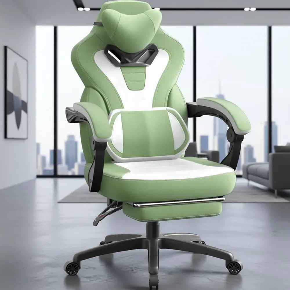 Sedia da gioco ergonomica verde con poggiapiedi, sedile in peluche per adulti grandi e alti, funzione di massaggio