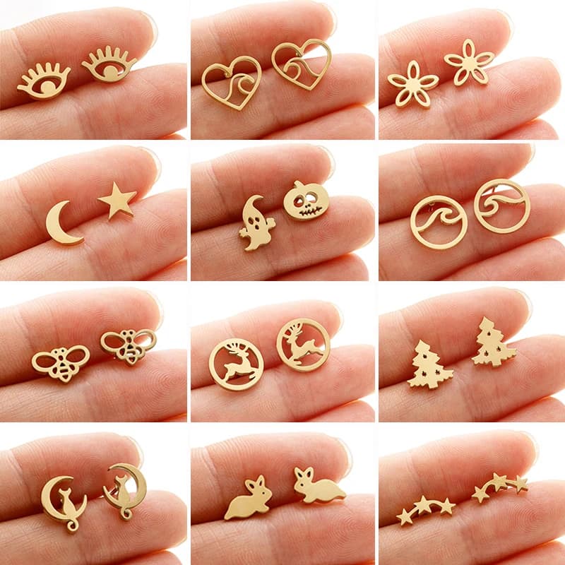 2025 Golden Stainless Steel Earrings Geometric Women Men Punk Eyes Wave Bee Ghost Stud Earring Fashion Jewelry Gift Friend