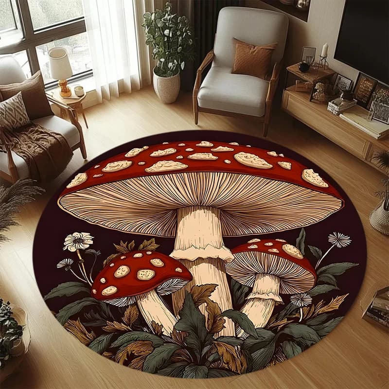 Tappeto rotondo con motivo a funghi, tappeto con macchie rosse e bianche, tappetino con foglie di felce, decorazione per la casa, tappetino morbido antiscivolo con motivo foresta fantasiosa