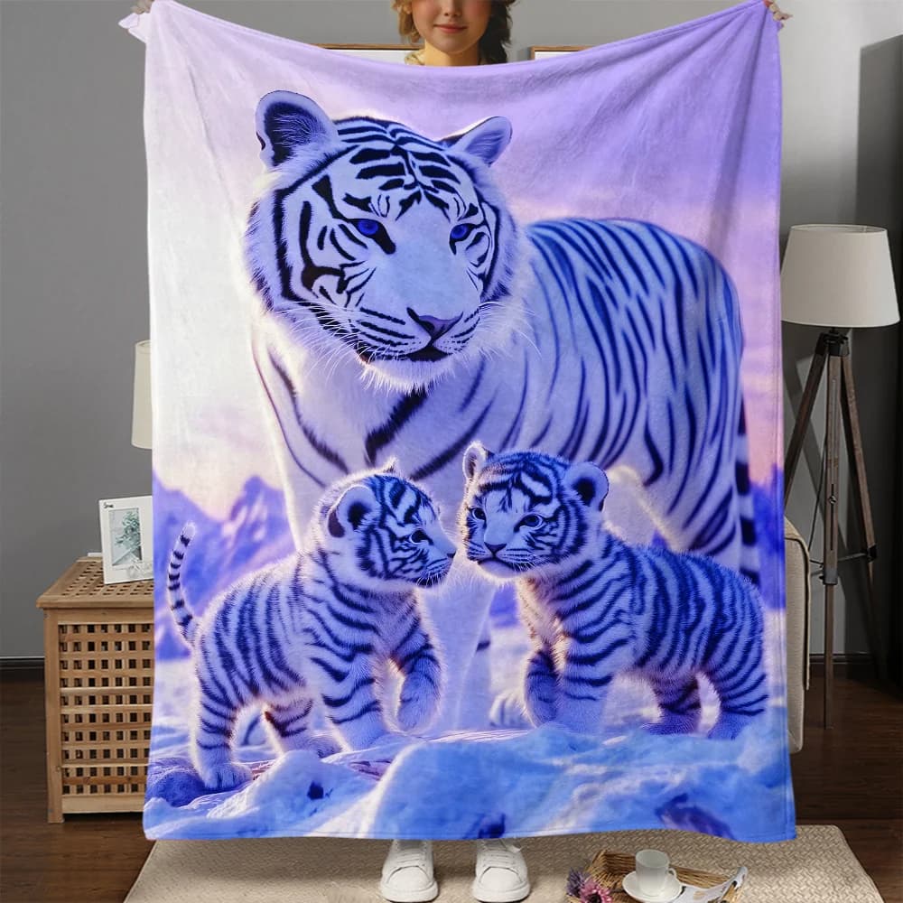 White Tiger Family Flannel Throw Blanket - Soft & Warm Cozy Polyester All-Season Blanket with White Tiger & Cub Design, Blue & B