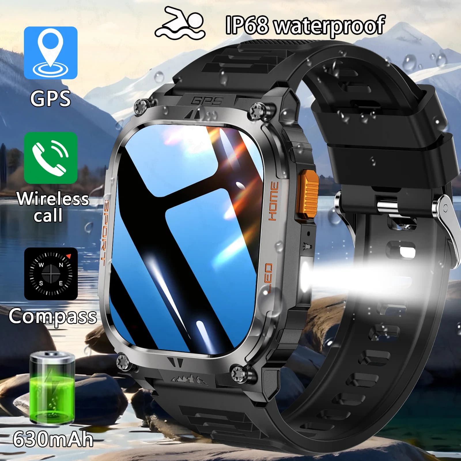Nuovo Smartwatch GPS 2026 con Torcia LED, Schermo HD da 2,01 Pollici, Bussola, Chiamate BT, Impermeabile, per Android e iOS