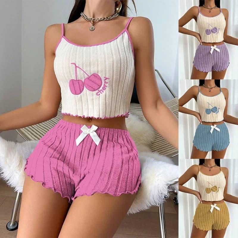 Summer 2pcs Pajamas Set for Women Sleepwear Casual Simple Ground Wool Halter Vest and Shorts Set Home Wear Loungerwear