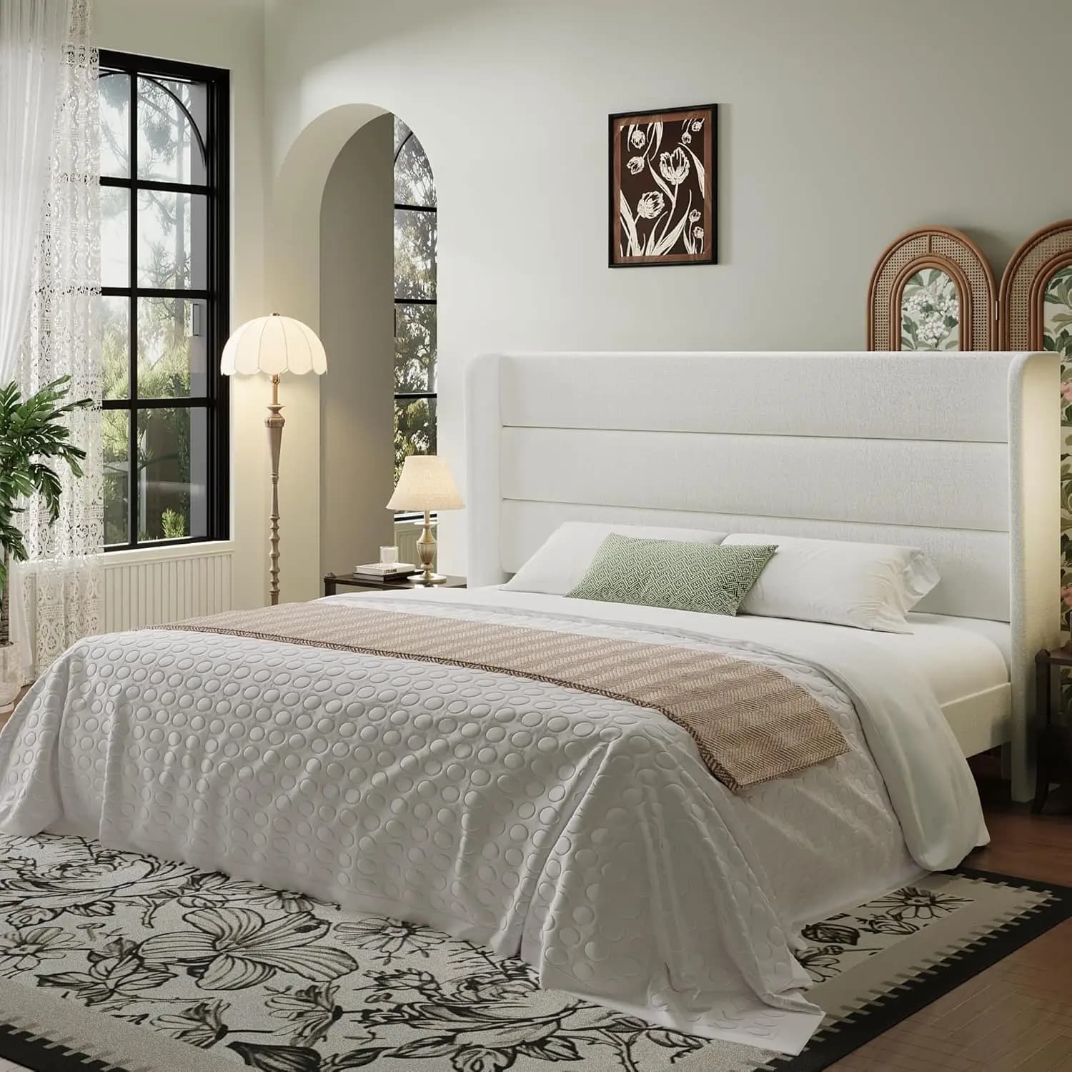 Velvet double bed with high back headboard/Panel padded with wooden platform and slats/Base for mattress/Senza base for slats