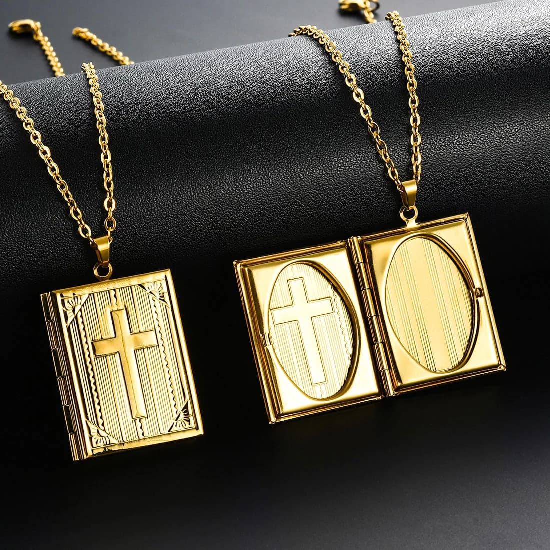 Stainless Steel Photo Frame Locket Pendant Necklace Men Women Book Shape Cross Pattern Openable Picture Memorial Jewelry Gift