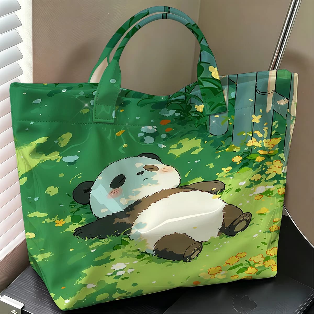 Lazy Panda Cute Large Glossy PVC Tote Bag Hand Washable Lightweight Soft Great for Travel Commute Makeup Storage Handbags