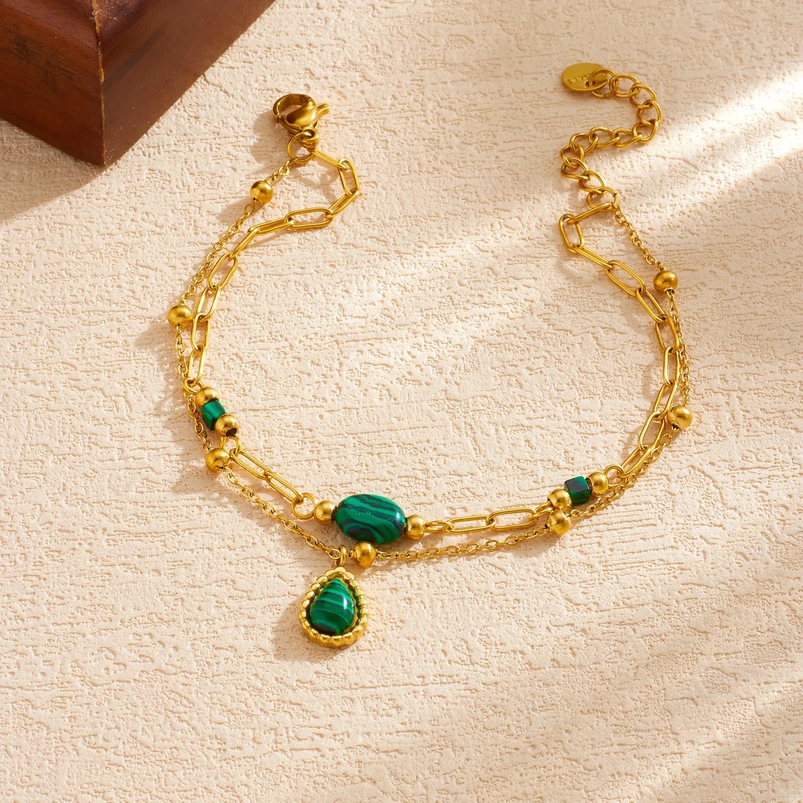 Stainless Steel Imitate Malachite Pendant Double-layer Bracelet For Women New Classic Fashion Hand Chain Jewelry