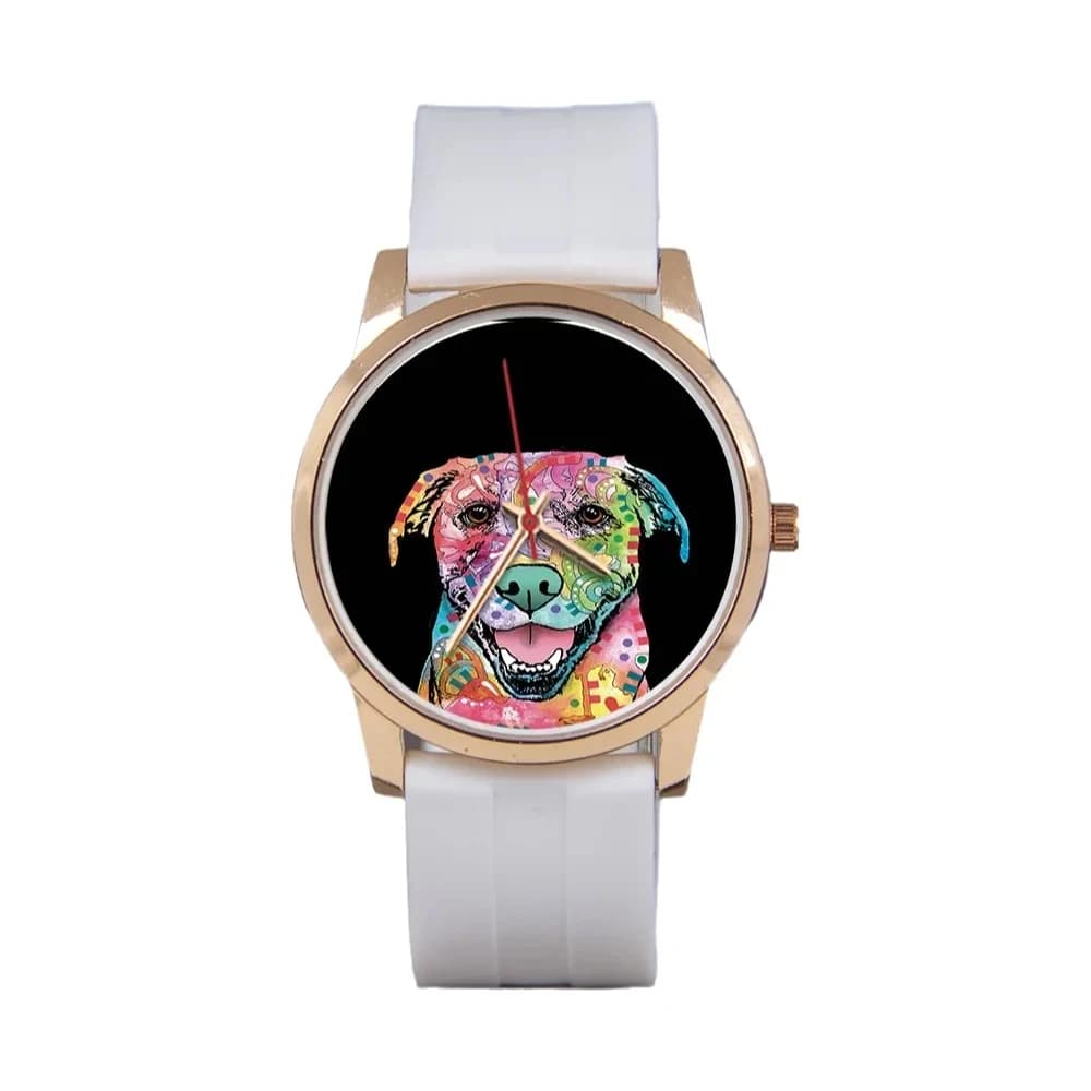 Watches at the Souvenir Quartz Unisex, Pink Gold Luxury Gift with Silver Strap Painted Dog Shape