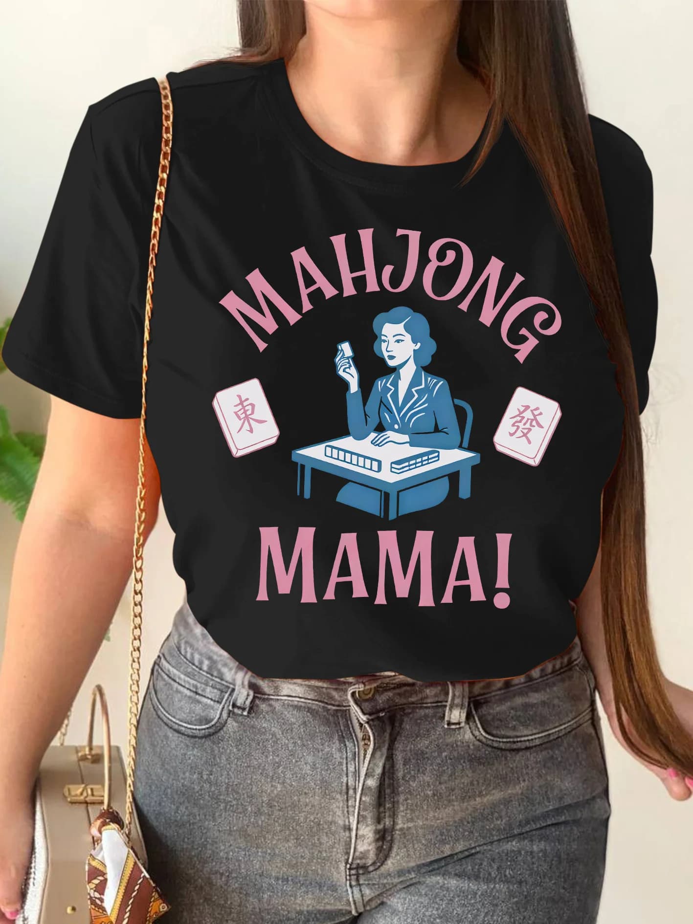 Mahjong Mama Vintage Lady Tile Graphic Womens Crew Neck Short Sleeve T Shirt Game Theme Print Tees For Ladies Casual Party Wear