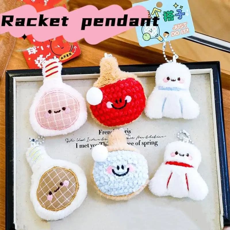 Cute Tennis Racket Plush Keychain Kawaii Cartoon Ball Pendant Soft Stuffed Doll Bag Backpack Decoration Accessory Gift Women