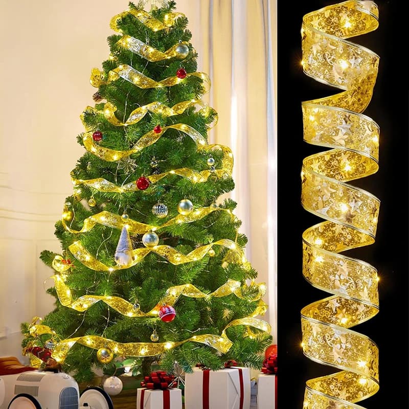 1/2/3/5/10m Christmas Ribbon Fairy Light String Ribbon Bows Lights Christmas Tree Decorations For Xmas Navidad New Year 2025
