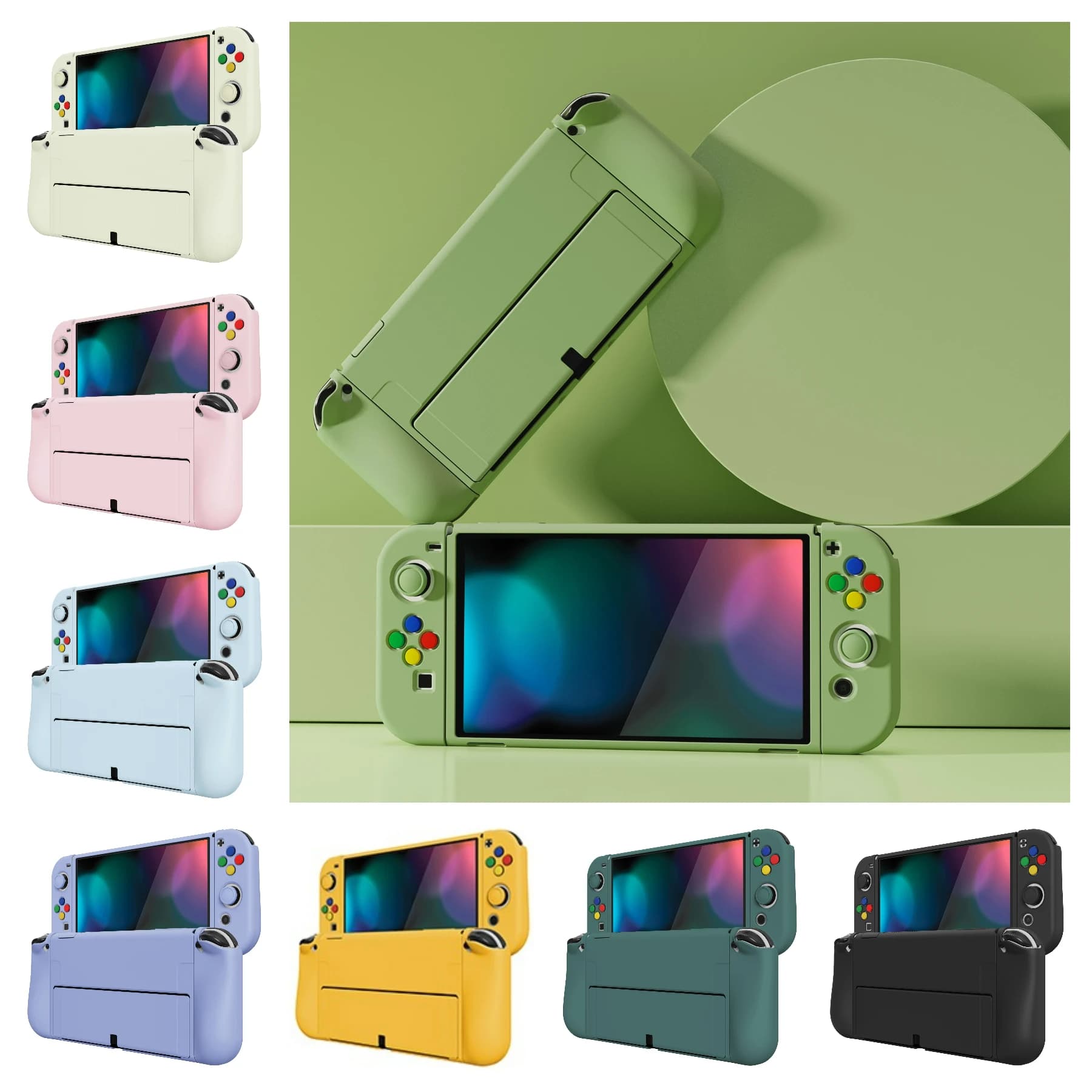 PlayVital ZealProtect Custodia protettiva morbida per Nintendo Switch OLED con impugnature per pollice e cappucci per pulsanti ABXY - Verde Matcha