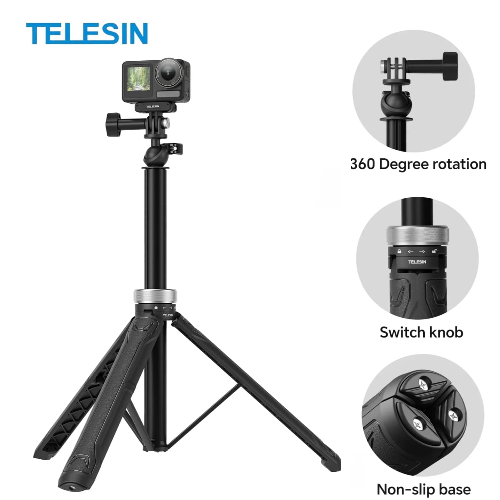 TELESIN rotating selfie tripod for DJI OSMO Action 5 Pro 4 3 Gopro Hero 13 12 11 10 9 8 7 Insta360 X5 X4 Ace Pro 2