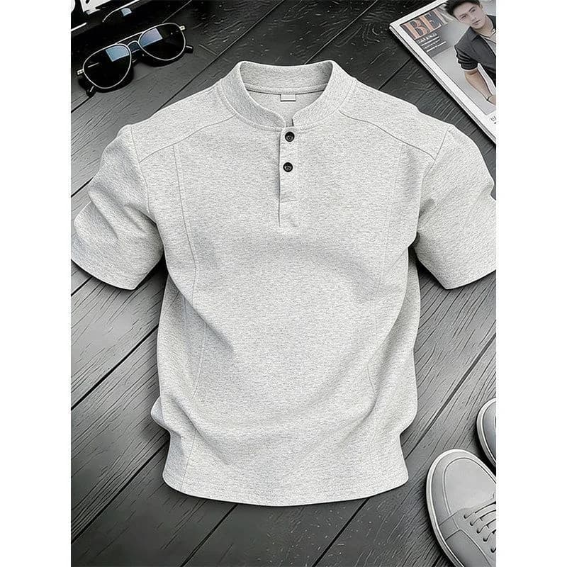 Camicia Bianca con Colletto Henry da Uomo, Manica Corta, Design a Inserti, Estiva, Business Casual, Traspirante, in Poliestere