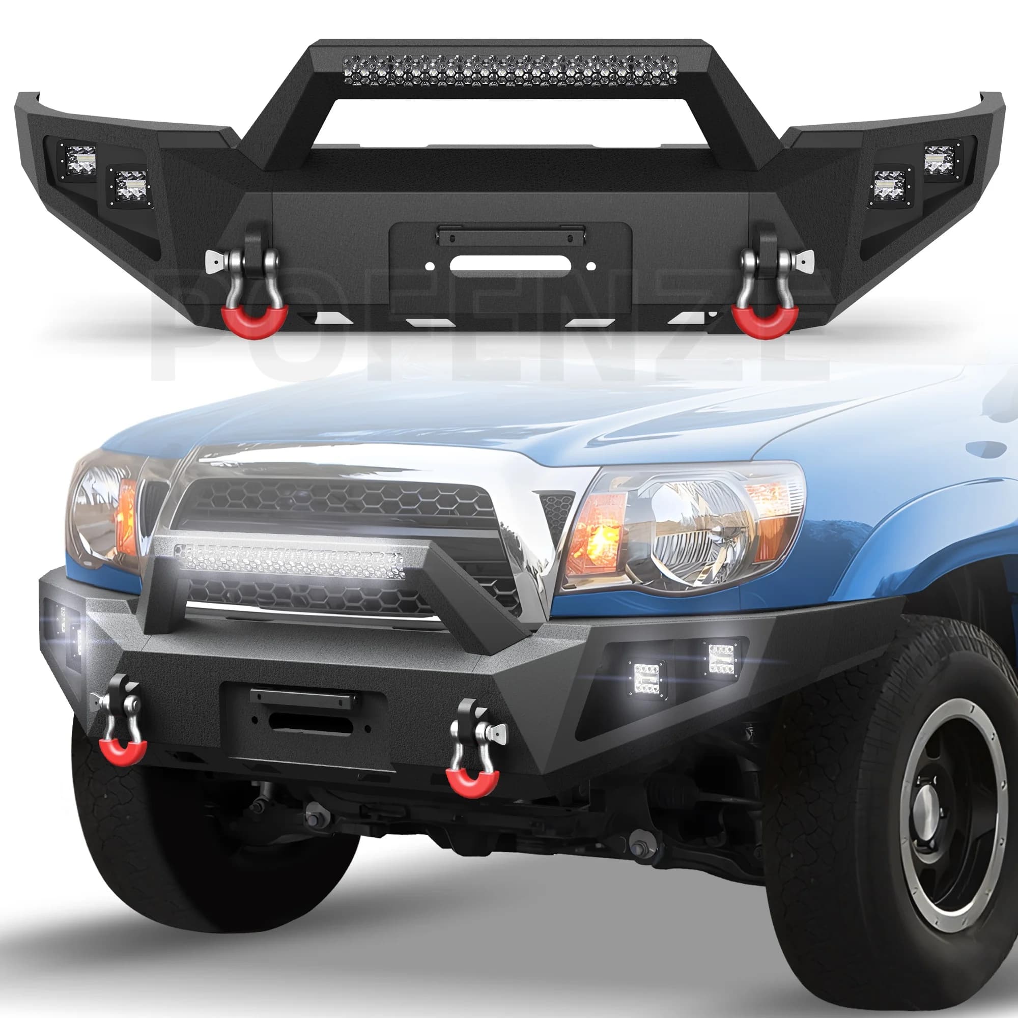 Paraurti anteriore per pickup Tacoma 2a generazione 2005-2015, con piastra verricello, barra luminosa da 144 W, luci 4x18 W, anelli a D, staffa targa