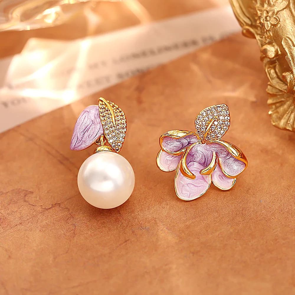Fashionable and exquisite purple oil drop earrings micro-paved zircon asymmetric pearl earrings exquisite small flower earrings