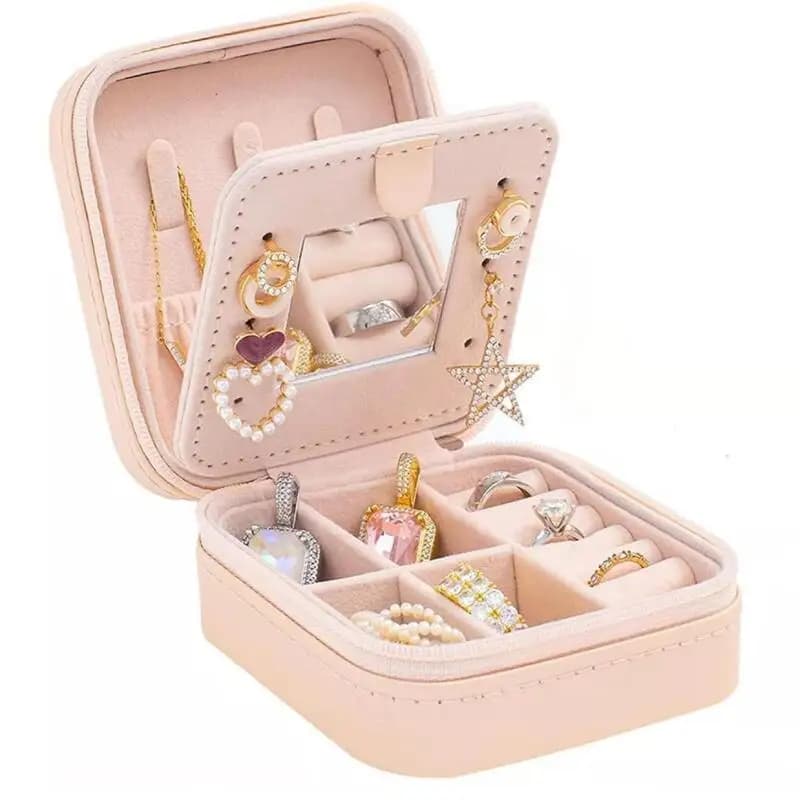 Compact Faux Leather Jewelry Storage Case, Portable Jewelry Organizer Box with Mirror, Ideal Gift for Women & Girls
