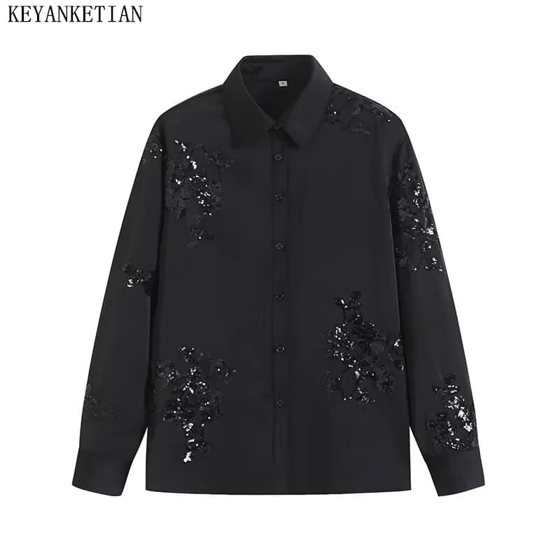 KEYANKETIAN 2025 Primavera Nuove Donne Decorazione Con Paillettes Camicia Stile Per Il Tempo Libero Monopetto Manica Lunga Camicette In Raso Nero Top