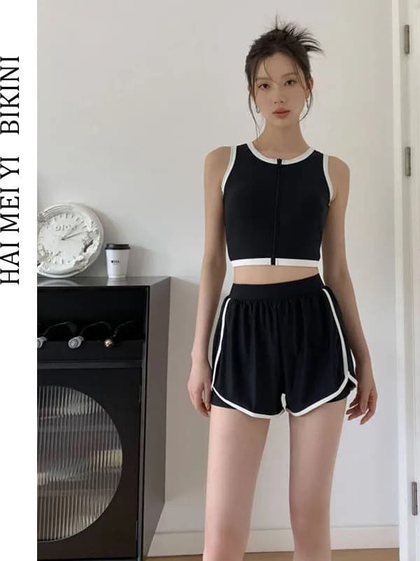 Costume da bagno due pezzi da donna Hamyi New Style, modello studentesco, per seno piccolo, sportivo, con slip contenitivi, effetto snellente e copertura pancia, ideale per sorgenti termali.