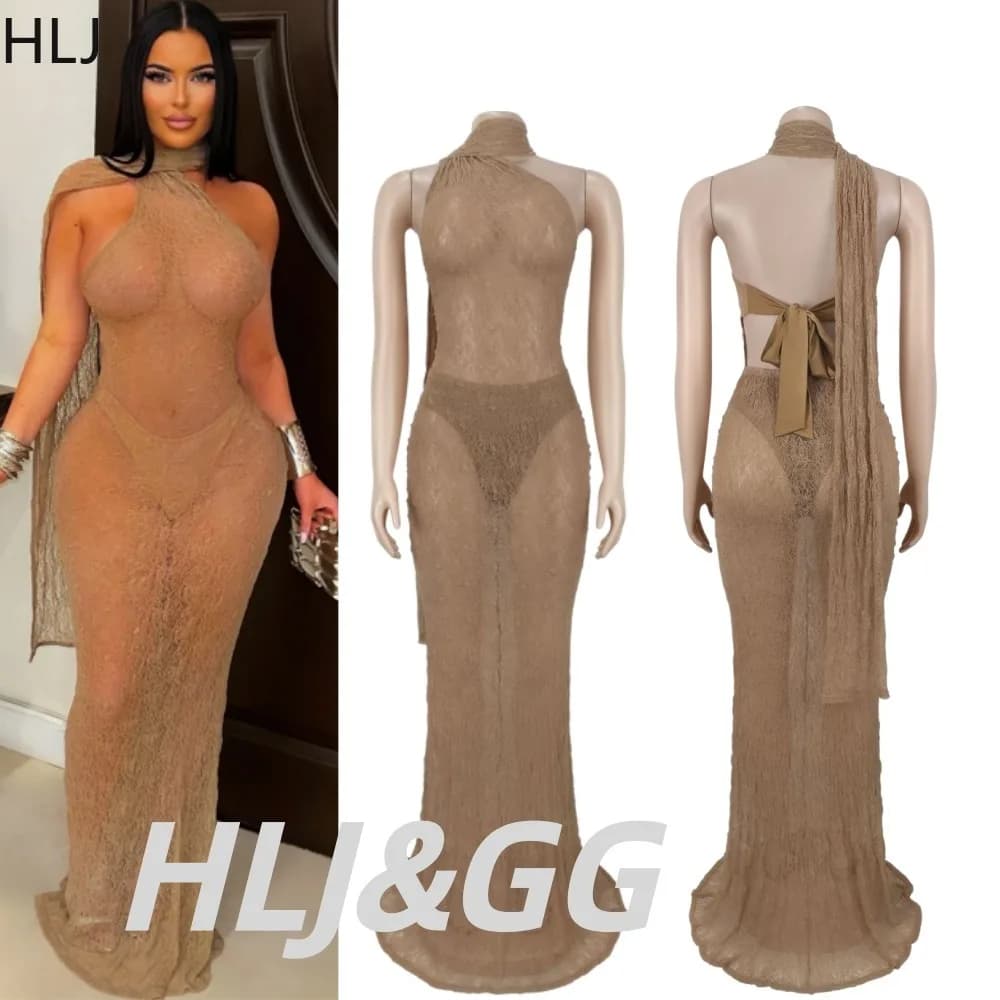 HLJ Elegant Mesh See Through Long Dresses for Women Halter Sleeveless Backless Bodycon Dress Female Party Clubwear Vestidos New
