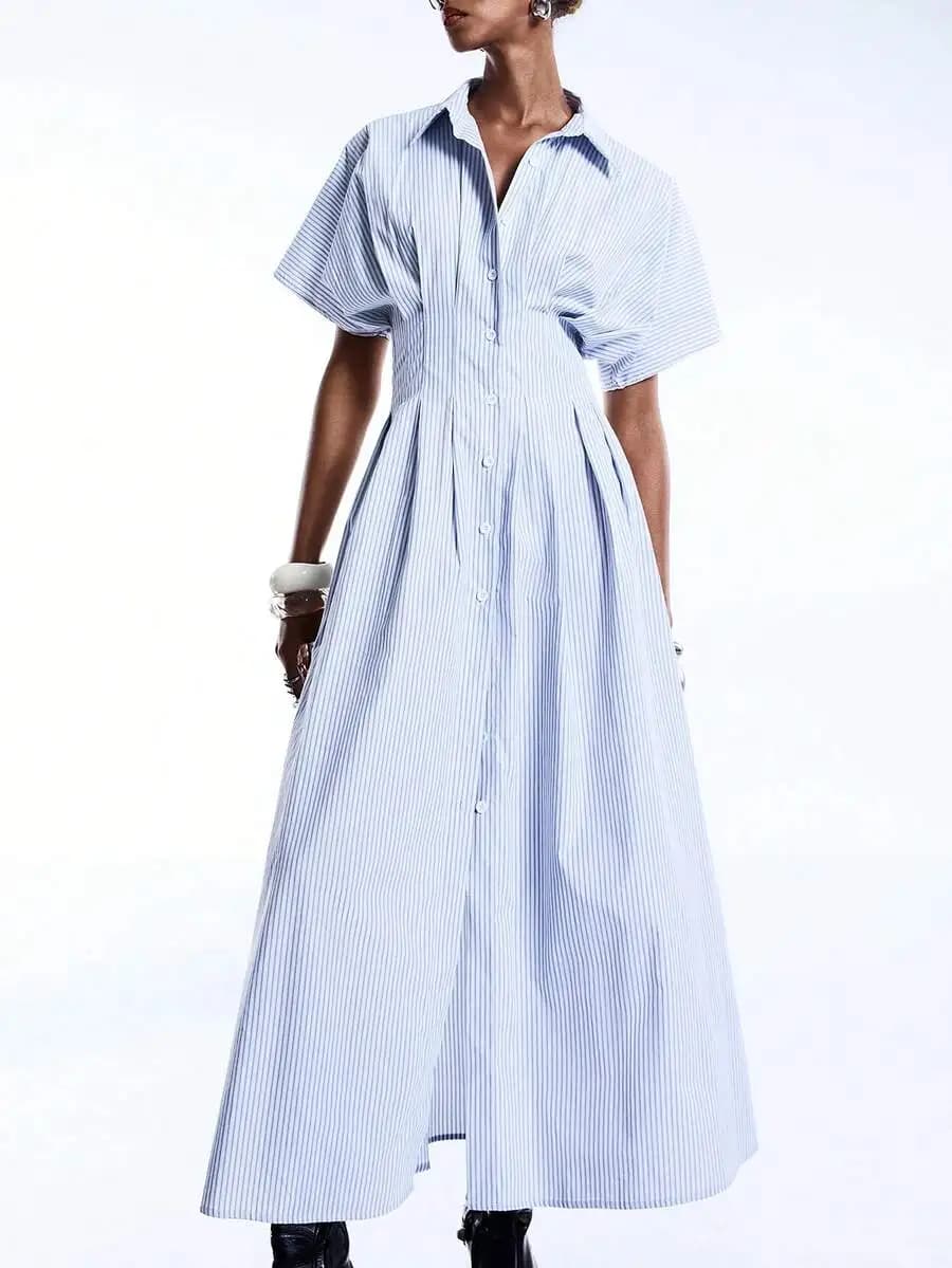Abito lungo a righe minimalista con bottoni sul davanti per donna, abito estivo casual maxi.