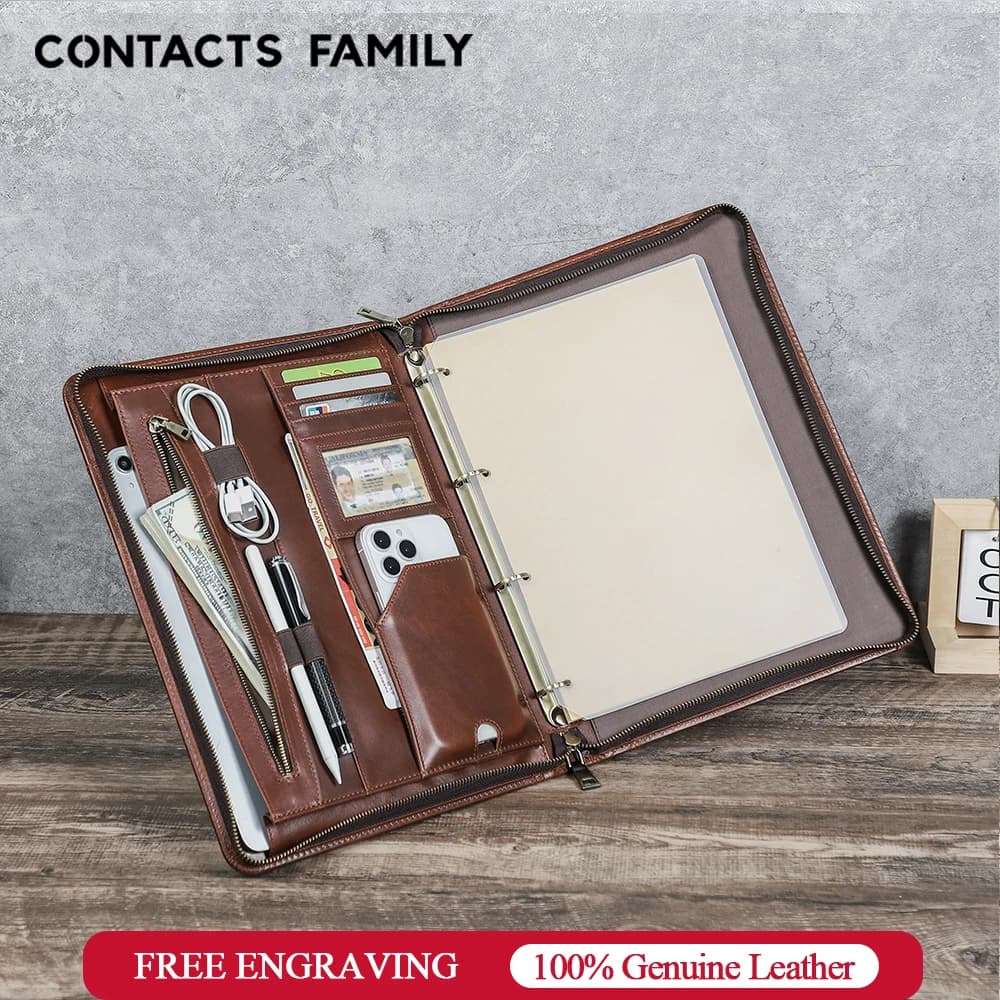 Genuine Leather Professional Business A4 Portfolio 4 Ring Binder with Paper Padfolio Pen Phone Holder Card Slots iPad 12.9 Case