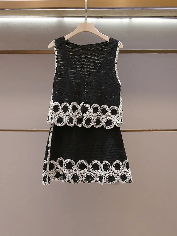 Completo da donna estivo nuovo stile francese con top a gilet traforato e gonna a maglia