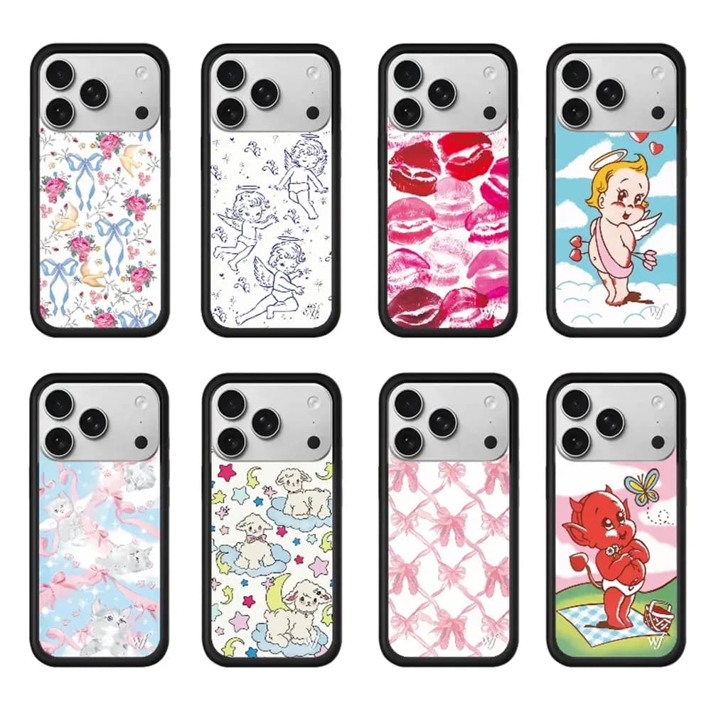 Cover per iPhone con angelo cartone animato, ciliegia e fiori selvatici, per iPhone 11 12 13 14 15 16 17 Pro Max 16 Plus, con bacio sexy e cherubino