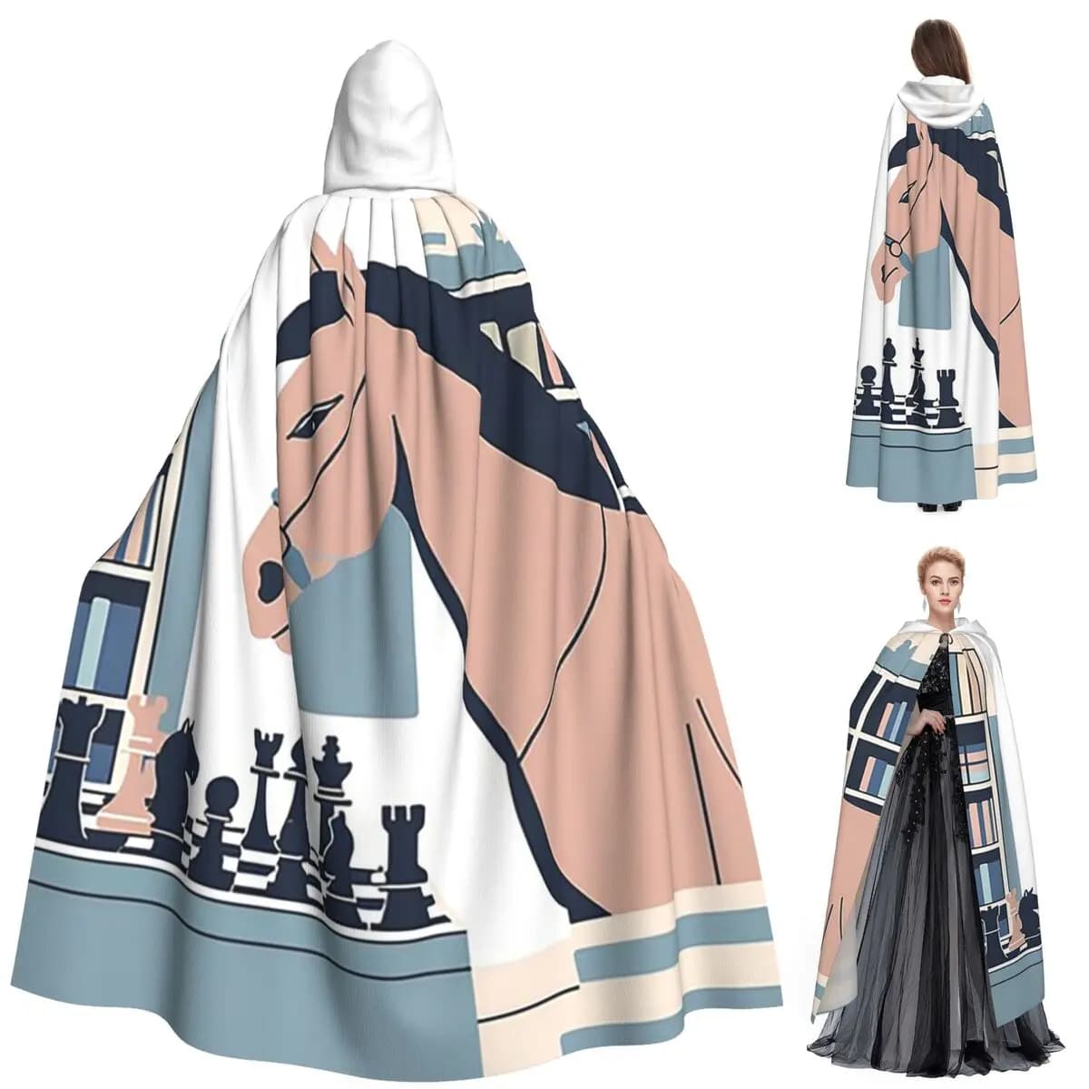 Mantello lungo con cappuccio per scacchi e cavalli Costume medievale da strega Mantello cosplay HalloweenVampiro adulto unisex