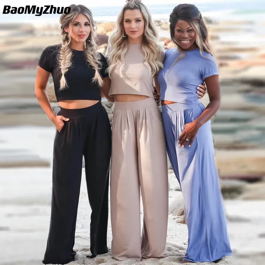 2024 Spring Summer Tracksuits Women 2 Pieces Set Short Sleeve O-Neck Pullover Top Trousers Sportswear Sports Suit Female Clothes