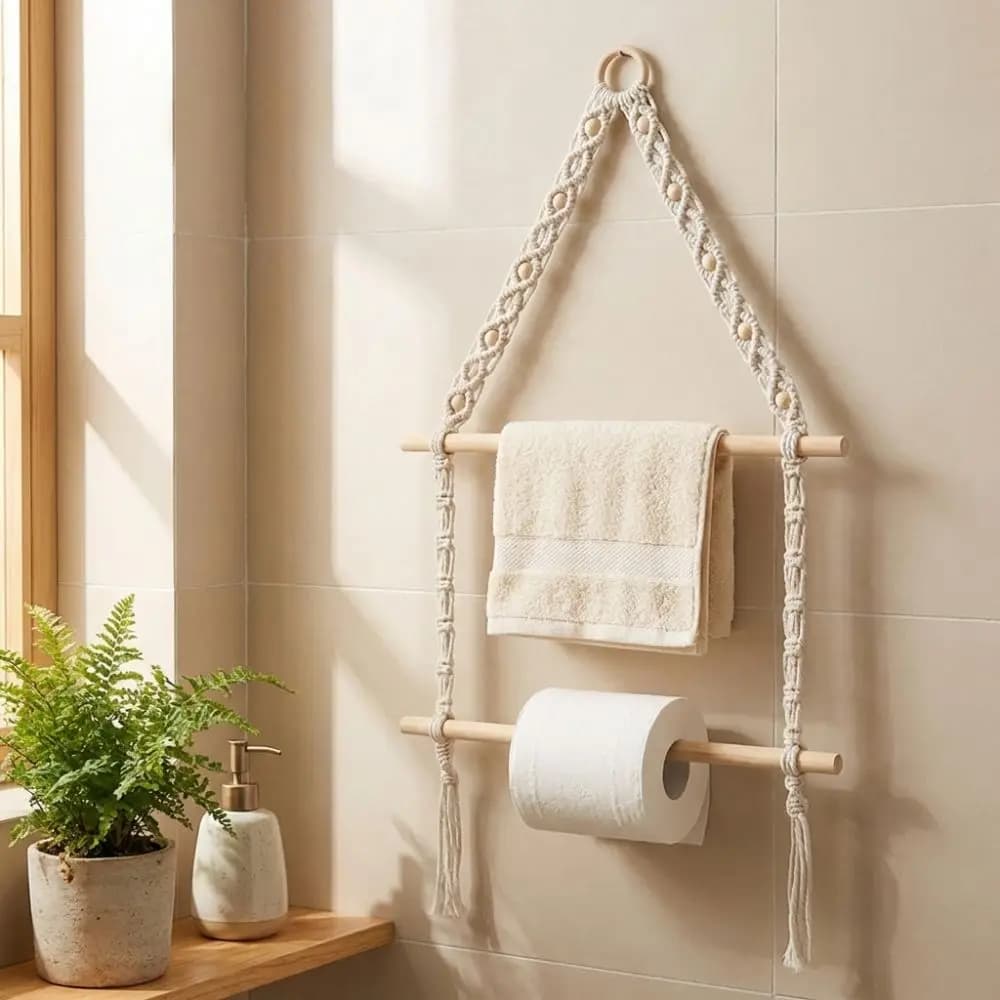 Hand-woven Tissue Paper Racks Double-layer Cotton Rope Wooden Towel Holder Wall Hanging Towel Organizer Toilet Paper Holder