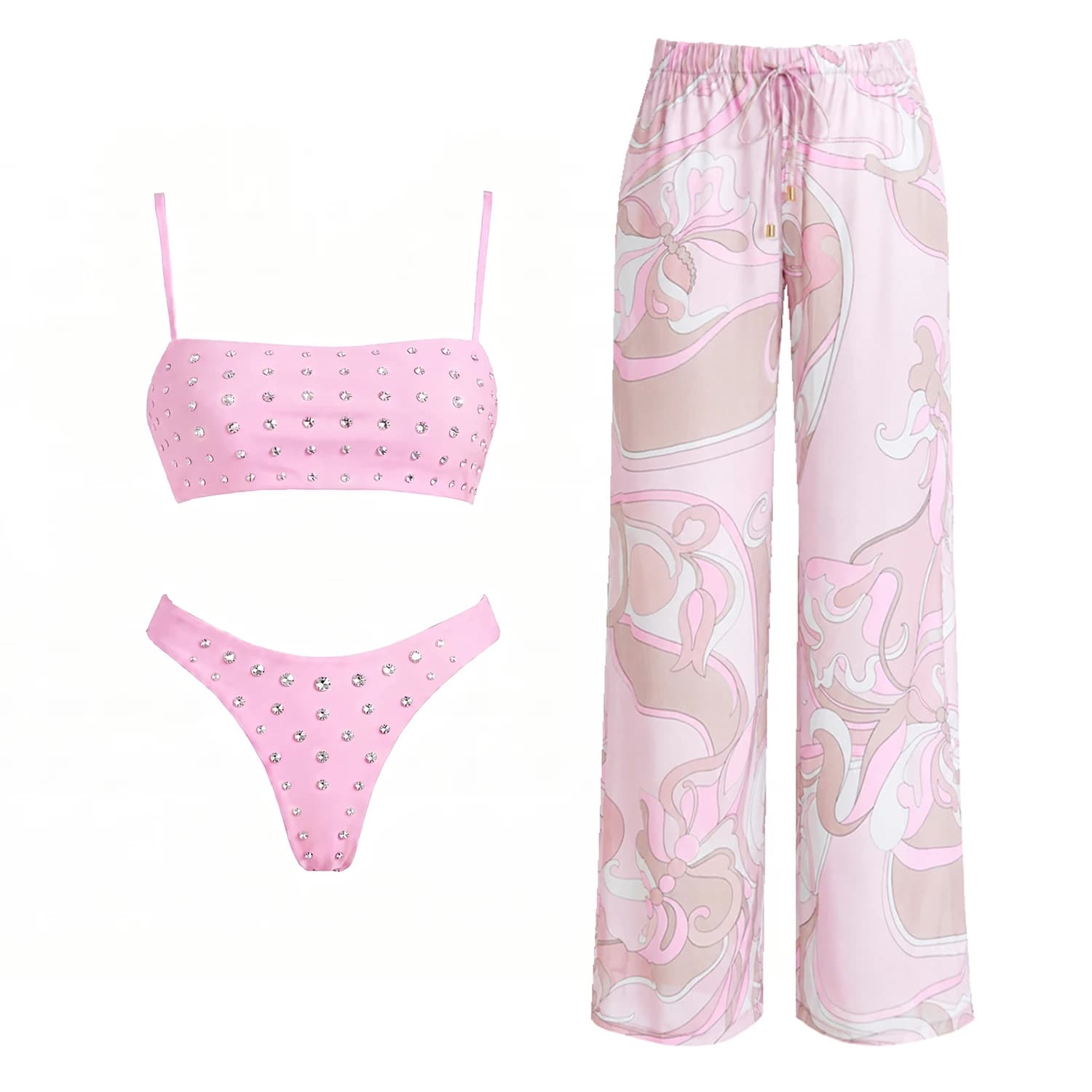 3Pcs Diamond Bikini With Cover Up Sexy Women Swimsuit Swimwear Female Bandeau Biquini Pink Print Swim Suit Beachwear Bathingsuit