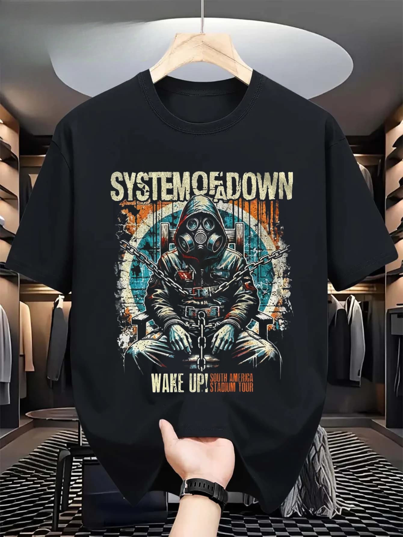 T-shirt da uomo con stampa a trasferimento termico con motivo a lettere, per abbigliamento casual da esterno, prodotto lavabile in lavatrice