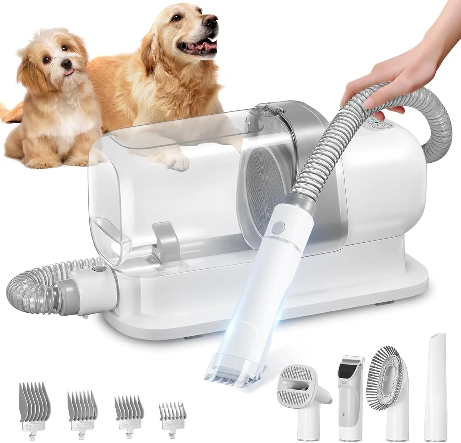 Aspirapolvere per toelettatura animali con contenitore polvere da 2,3L, 5 strumenti per la rimozione dei peli di cani e gatti, silenzioso