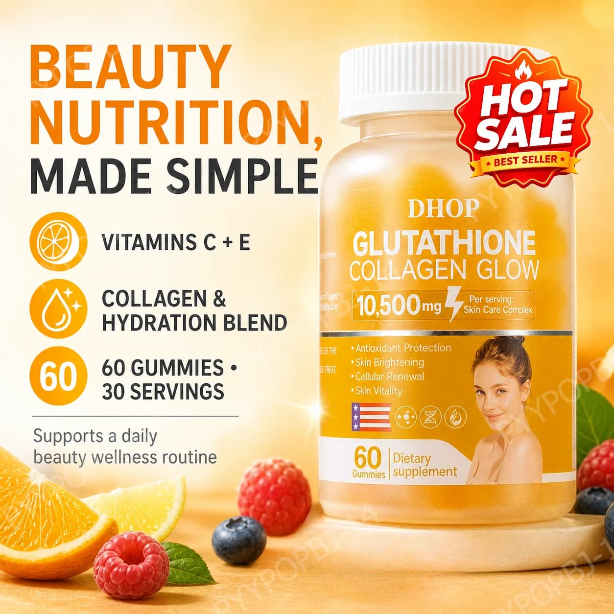 DHOP Glutathione Collagen Gummies with Vitamins C & E, Hyaluronic Acid and Fruit Extract Blend 60 Count, Beauty Wellness Support