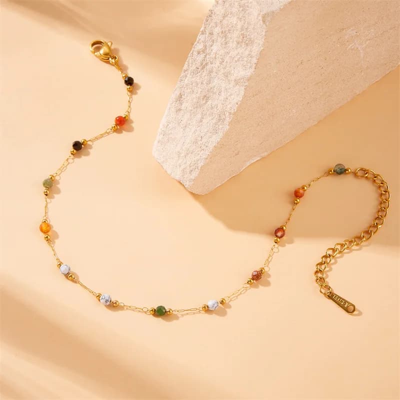 Bracciale con Perline in Acciaio Inossidabile 316L Colorate Naturali, Nuovo Design Conciso 2024, Gioiello da Mano Dorato Resistente allo Sbiadimento, Regalo per Donne