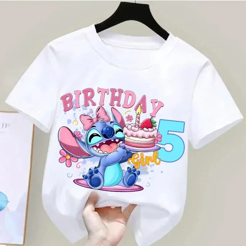 Maglietta per compleanno Lilo & Stitch per bambini da 1 a 9 anni, stampa cartoon, maglietta in cotone con collo rotondo, abbigliamento unisex per feste per bambini