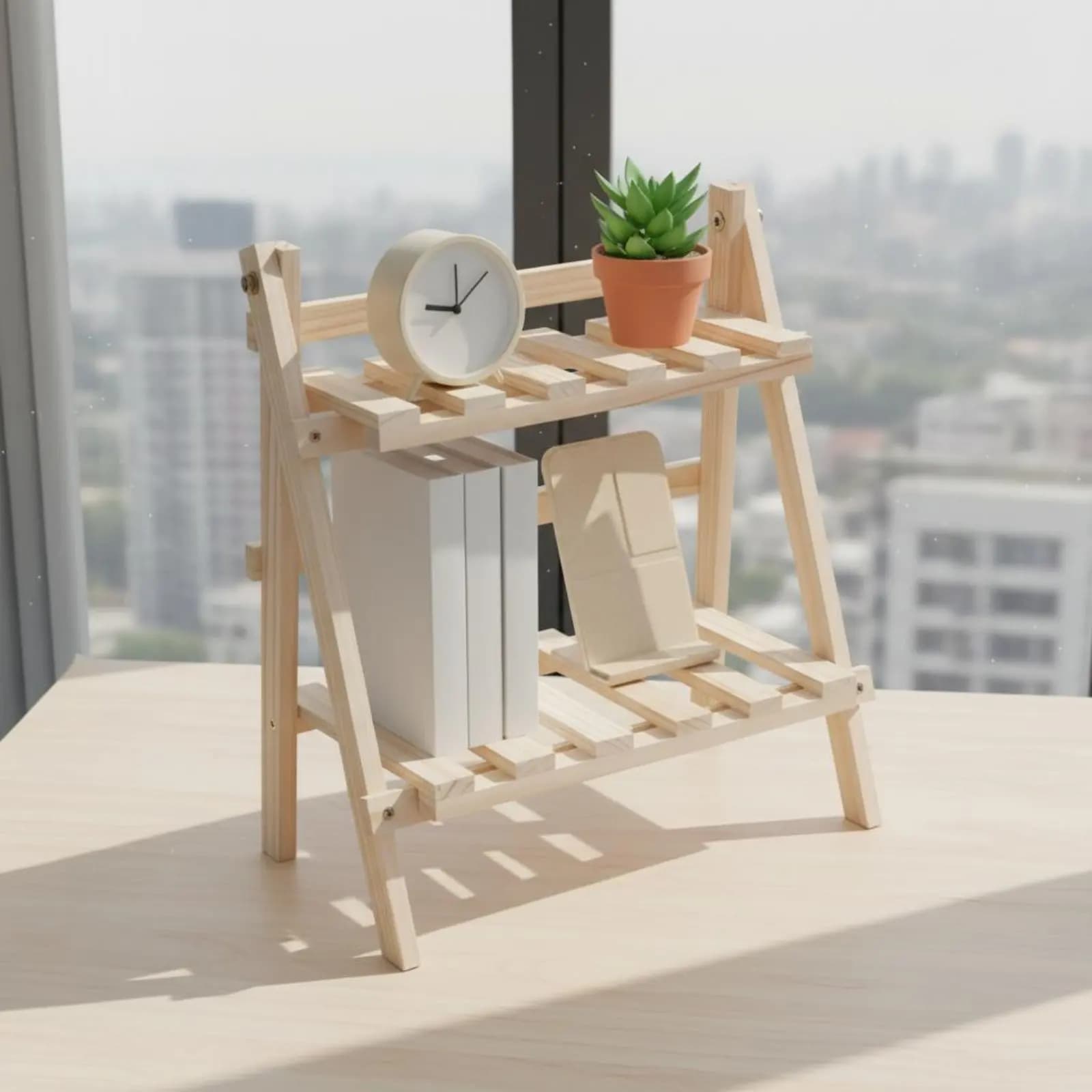 Scaffale da Scrivania in Legno a 2 Livelli, Robusto Organizzatore Pieghevole Salvaspazio con Design a Gradini, Espositore