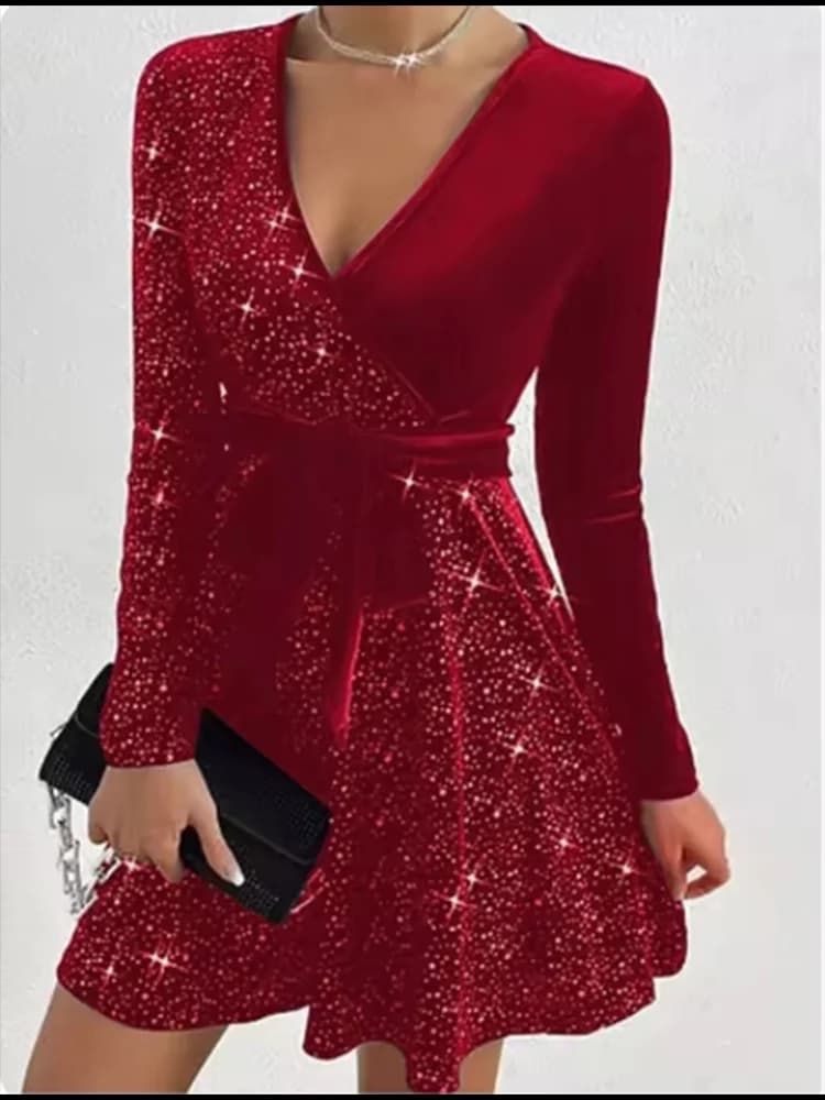 Abito da cocktail da sera con paillettes a maniche lunghe con scollo a V profondo, mini abito da cocktail aderente in velluto da donna