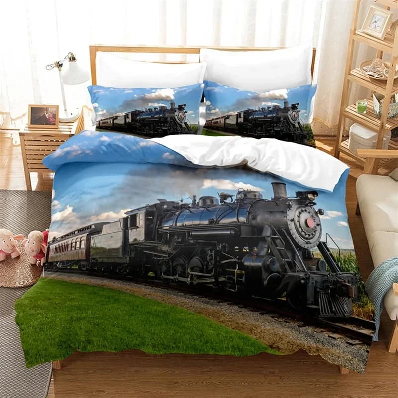 Copripiumino per motore a vapore King Size Locomotiva in microfibra Treno su binario ferroviario in acciaio Set di biancheria da letto con stampa grafica per avventure da viaggio