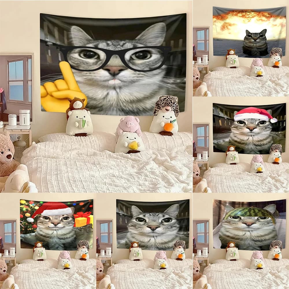Funny Cat Meme Tapestry, Kawaii Animal Home Decor Wall Hanging, Bedroom Dorm Background Festival Gift