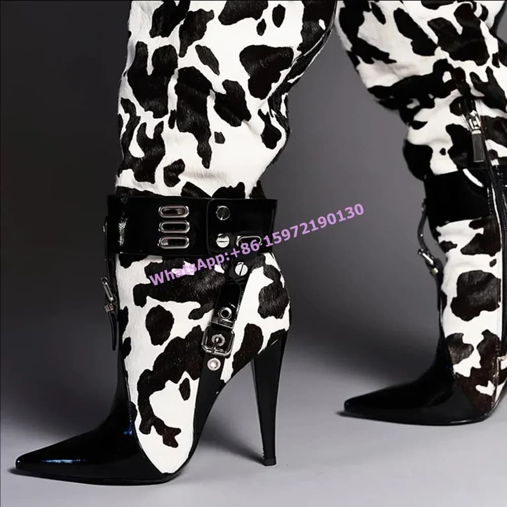 Cow Pattern Black White Boots Pointy Toe Thin Heels Buckle Belt Side Zipper Knee High Boots Women's Winter Runway Luxury Shoes