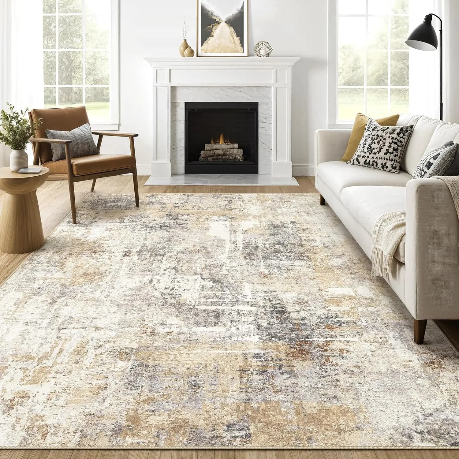 Abstract Washable Mat, Soft Interior Anti-slip Mat, for Living Room, Bedroom, Office in Grey and Gold