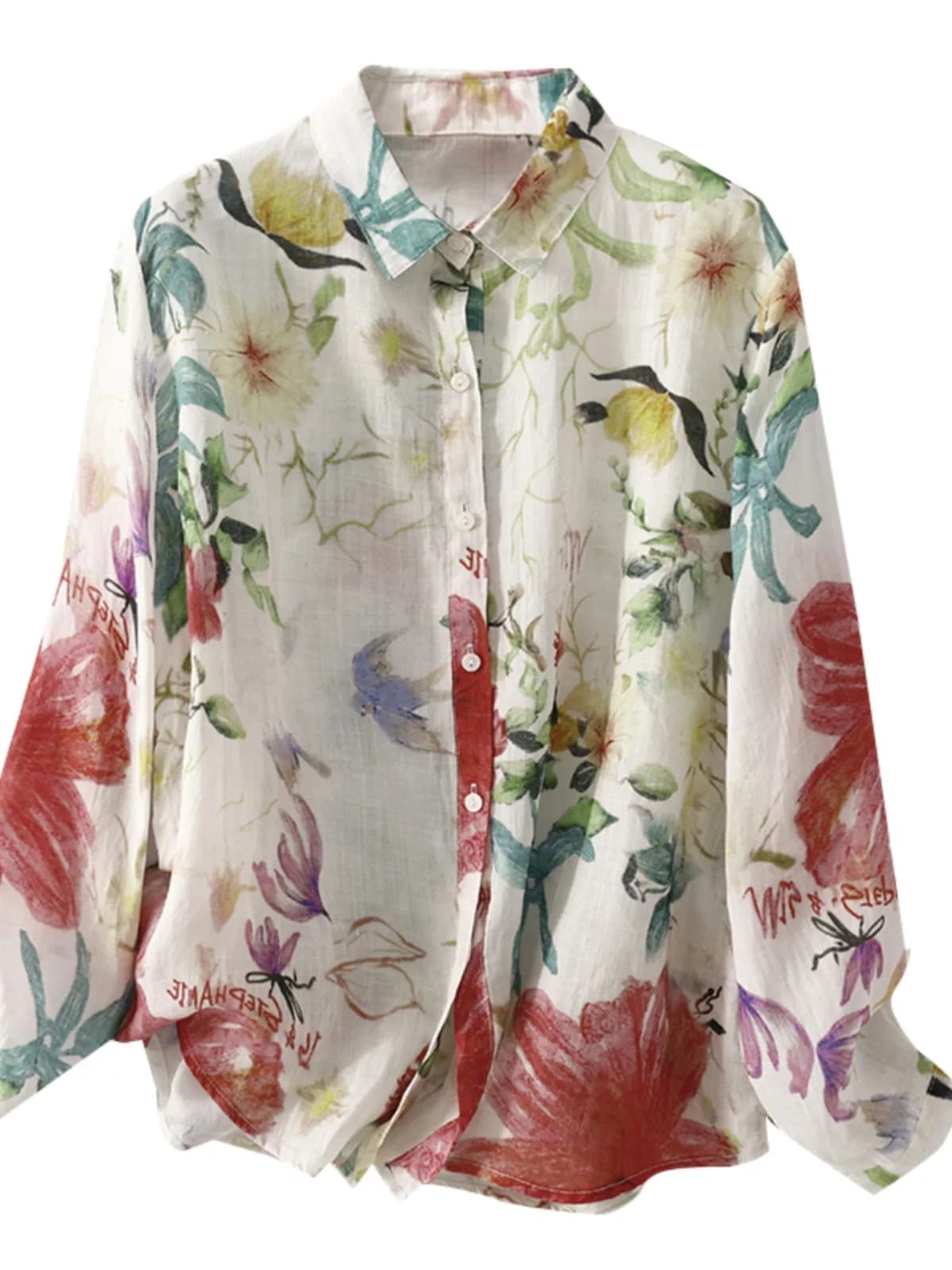Watercolor Floral Print Women's Shirt Linen Material Long Sleeve Loose Fit Button up Casual Style Autumn Top Pink Color