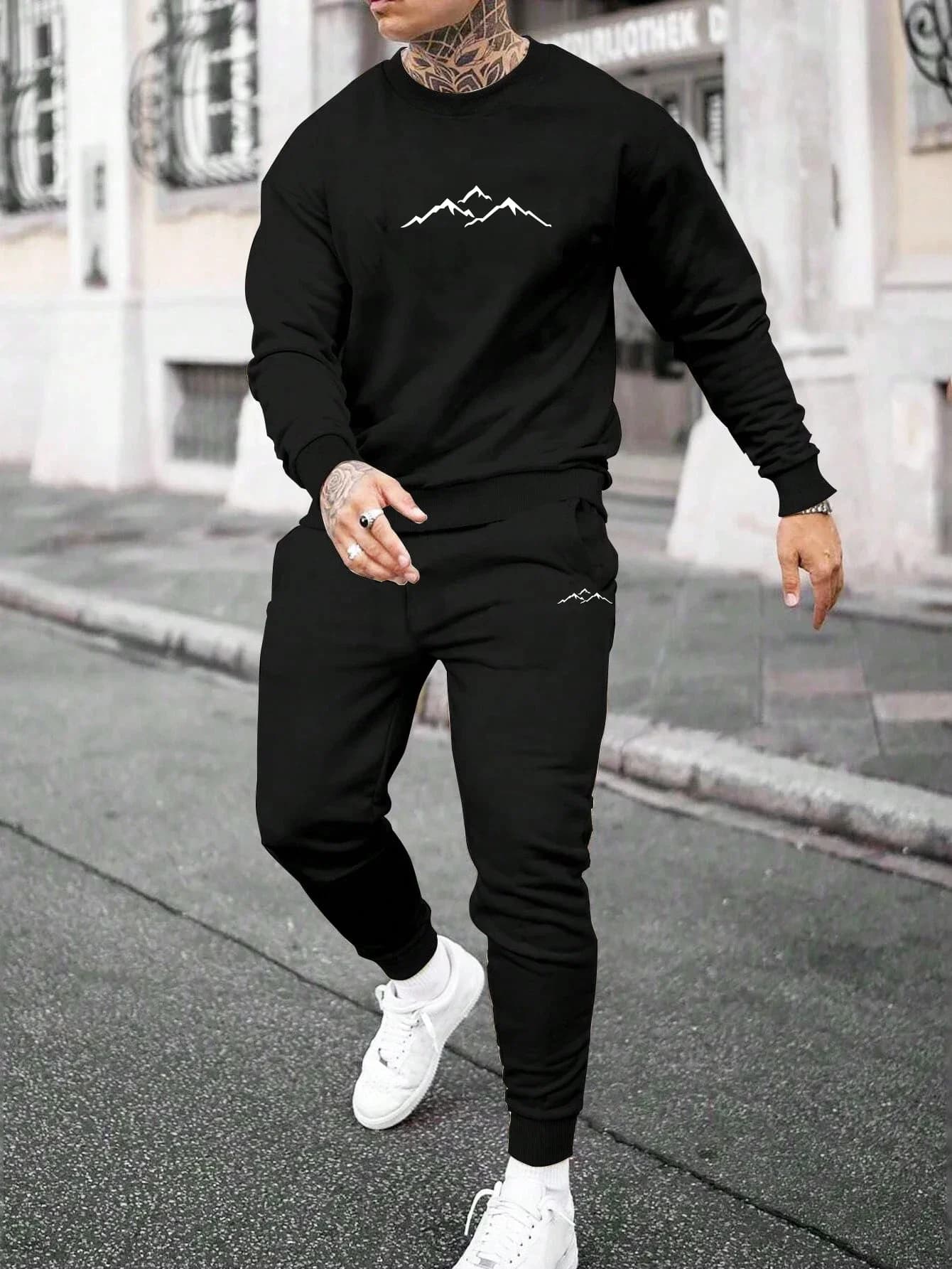 Men's New Printed Sportswear, Fashionable Round Neck Sweatshirt, Sports Suit, Autumn and Winter Casual Office Men's Clothing