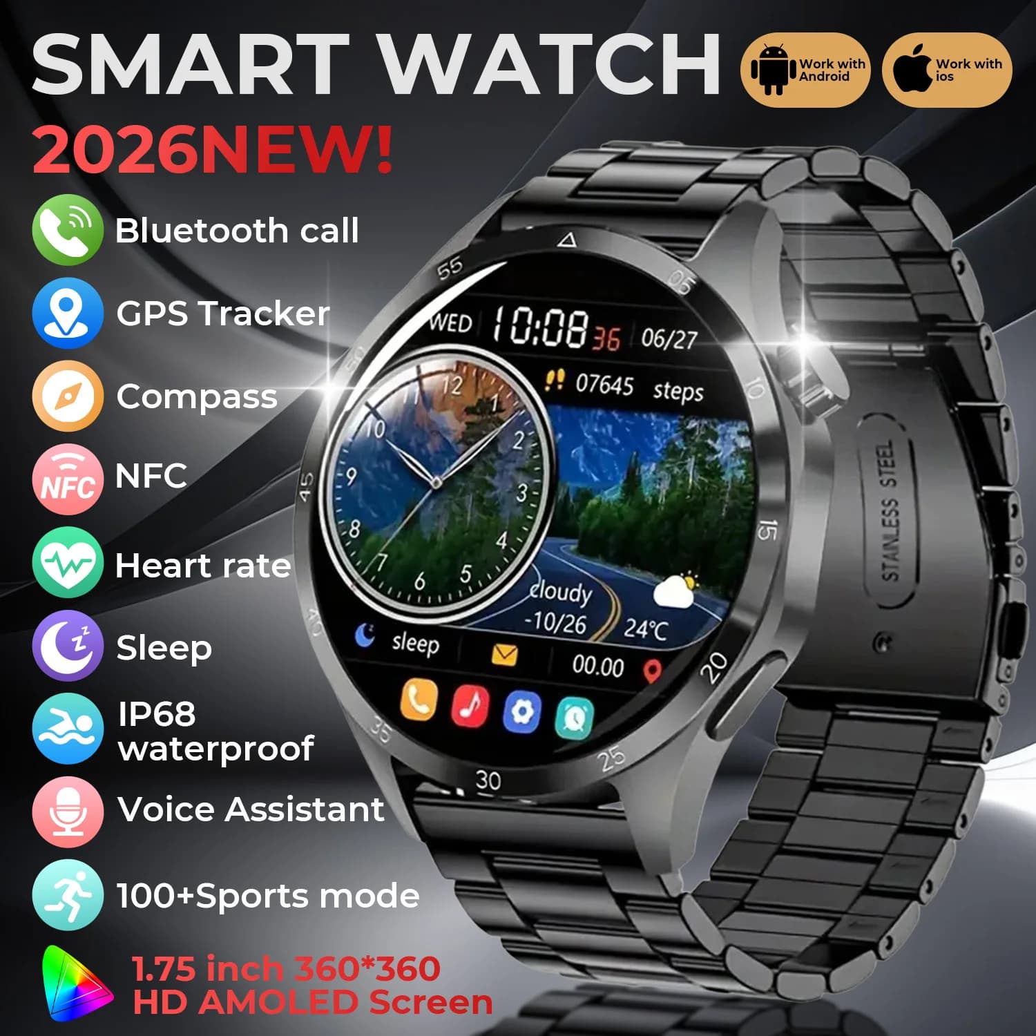 Nuovo Smartwatch 2026 con Schermo AMOLED HD da 1,52 Pollici, Monitoraggio Frequenza Cardiaca, Chiamate Bluetooth, Monitoraggio Salute Femminile, per Uomini e Donne